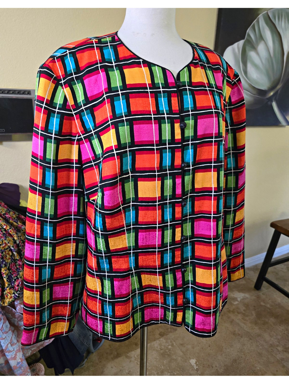 Maggy London Women’s Multicolor Plaid Silk Button Front Lined Jacket L/XL